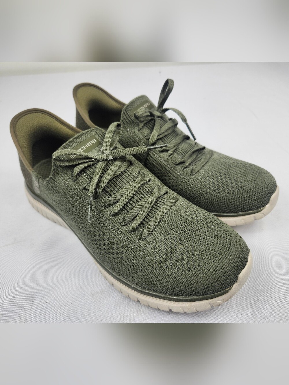 Skechers Womens Size 8 M Slip Ins Hands Free Olive Knit Lace-Up Flats